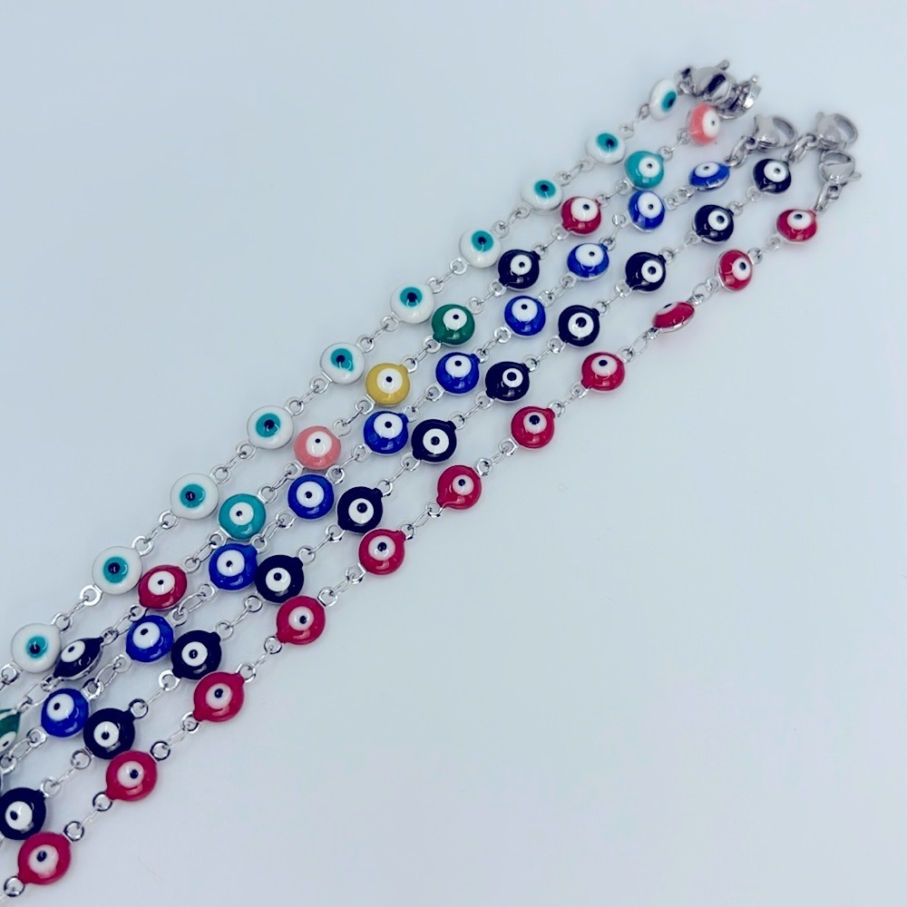 Evil Eye Stainless Steel 18k Gold Plated Adjustable Length Bracelet -Silver Tone